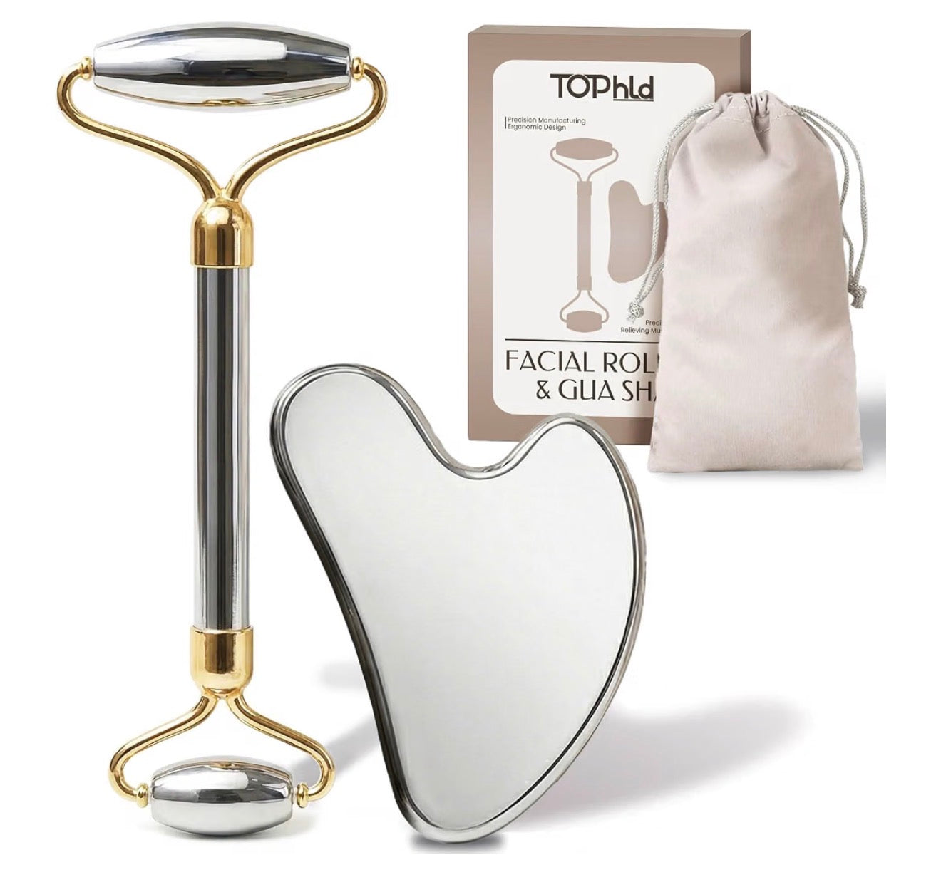 Stainless Steel Facial Set – Face Roller + Gua Sha