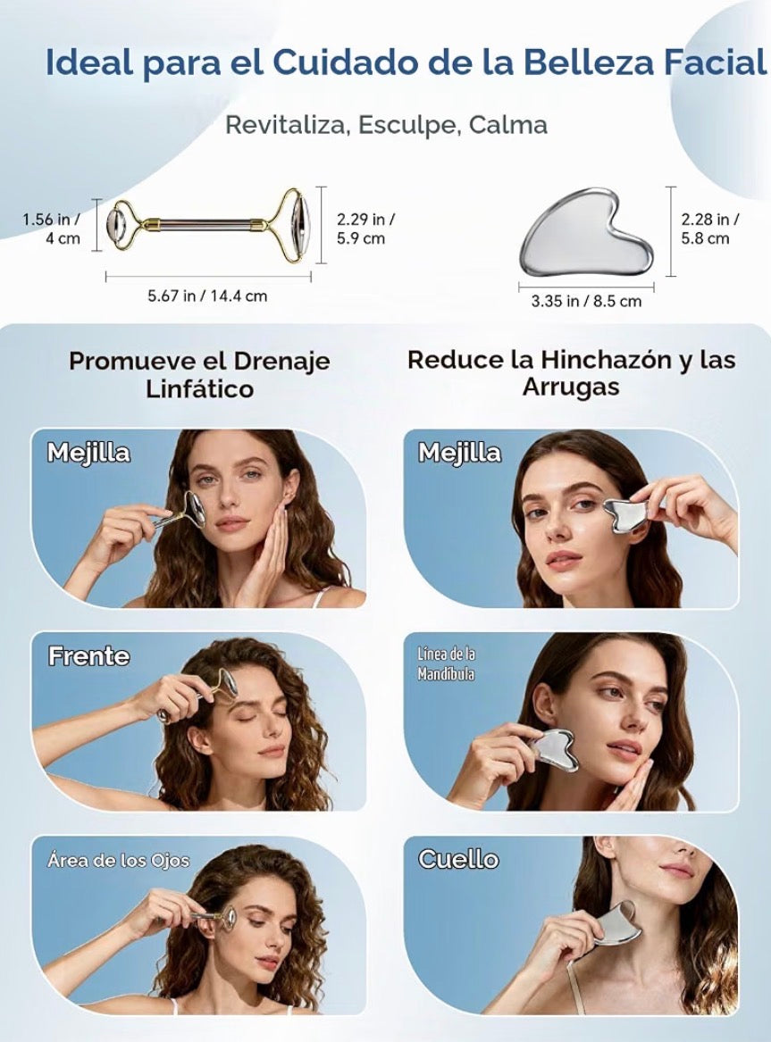 Stainless Steel Facial Set – Face Roller + Gua Sha